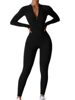 Miolasay Damen Bodycon Slim Fit Yoga Jumpsuits Langarm Stehkragen Rippstrick Reißverschluss Workout Strampler Sportbekleidung, A-schwarz, 36 von Miolasay