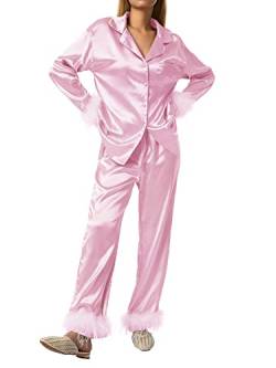 Miolasay Damen-Pyjama, Feder-Seide, Satin, Nachtwäsche, langärmelig, Knopfleiste, Reverskragen, Oberteil und Hose, Loungewear-Set, A-Pink, 46 von Miolasay