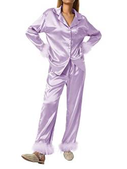Miolasay Damen-Pyjama aus Seidensatin, Nachtwäsche, langärmelig, Button-Down-Reverskragen, Oberteil und Hose, Loungewear-Set, A-purple, 46 von Miolasay