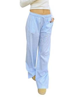 Miolasay Damen-Pyjamahose mit weitem Bein, Kordelzug, lässig, gestreift, locker, gerade, lange Hose mit Taschen, Streetwear, A-Blau, L von Miolasay