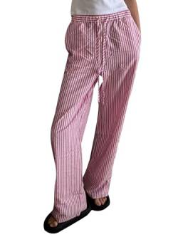 Miolasay Damen-Pyjamahose mit weitem Bein, Kordelzug, lässig, gestreift, locker, gerade, lange Hose mit Taschen, Streetwear, A-Pink, L von Miolasay