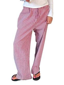 Miolasay Damen-Pyjamahose mit weitem Bein, Kordelzug, lässig, gestreift, locker, gerade, lange Hose mit Taschen, Streetwear, D-rot, XL von Miolasay
