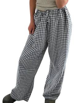 Miolasay Damen-Pyjamahose mit weitem Bein, Kordelzug, lässig, gestreift, locker, gerade, lange Hose mit Taschen, Streetwear, D-schwarz, XL von Miolasay