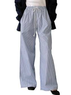 Miolasay Damen-Pyjamahose mit weitem Bein, Kordelzug, lässig, gestreift, locker, gerade, lange Hose mit Taschen, Streetwear, E-dark blue, S von Miolasay