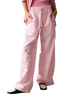 Miolasay Damen-Pyjamahose mit weitem Bein, Kordelzug, lässig, gestreift, locker, gerade, lange Hose mit Taschen, Streetwear, E-pink, M von Miolasay