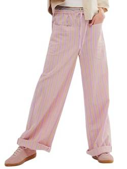 Miolasay Damen-Pyjamahose mit weitem Bein, Kordelzug, lässig, gestreift, locker, gerade, lange Hose mit Taschen, Streetwear, G-pink, M von Miolasay