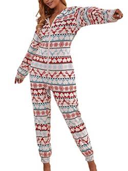 Miolasay Damen Weihnachten Jumpsuit Pyjama Bodycon Xmas Onesie Einteiler Langarm V-Ausschnitt Schneeflocke Plaid Print Nachtwäsche, B-blau Rot Weiß, 48 von Miolasay