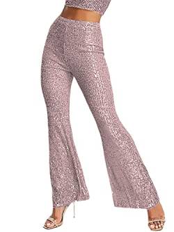 Miolasay Damenhose mit Pailletten, weites Bein, glänzend, locker, lässig, elastisch, hohe Taille, glitzernd, ausgestellte Hose für Clubwear, Streetwear, B-Rosa, S von Miolasay