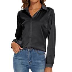 Damen Seide Bluse Langarm Lady Shirt Casual Büro Arbeit Bluse Hemd Tops - Schwarz - Klein von Miqieer