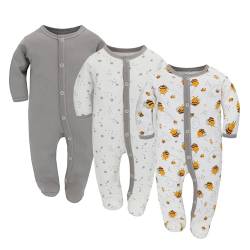 3PCS Baby Schlafstrampler Babychlafanzug Babyschlafsack Baumwolle mit Füßen mit knöpfen Gr. 56 62 68 für Junge Mädchen Neugborenen (Biene, 68) von Miracle Baby