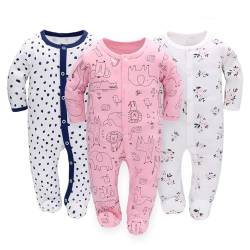 3PCS Baby Schlafstrampler Babychlafanzug Babyschlafsack Baumwolle mit Füßen mit knöpfen Gr. 56 62 68 für Junge Mädchen Neugborenen (Blume, 62) von Miracle Baby