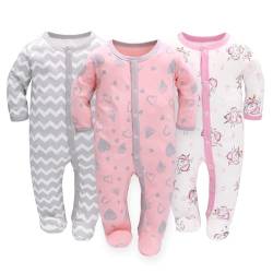 3PCS Baby Schlafstrampler Babychlafanzug Babyschlafsack Baumwolle mit Füßen mit knöpfen Gr. 56 62 68 für Junge Mädchen Neugborenen (Herz, 56) von Miracle Baby