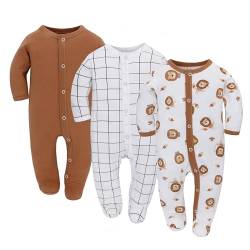 3PCS Baby Schlafstrampler Babychlafanzug Babyschlafsack Baumwolle mit Füßen mit knöpfen Gr. 56 62 68 für Junge Mädchen Neugborenen (Löwe, 56) von Miracle Baby