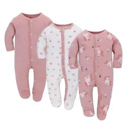 3PCS Baby Schlafstrampler Babychlafanzug Babyschlafsack Baumwolle mit Füßen mit knöpfen Gr. 56 62 68 für Junge Mädchen Neugborenen (Rosa, 62) von Miracle Baby