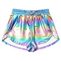 Damen Metallic Shorts Regenbogen Yoga Party Glänzend Funkeln Große Outfit Kurze Hosen von Mirawise