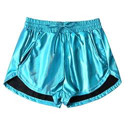 Damen Metallic Shorts Yoga Glänzend Funkeln Hot Kordelzug Outfit Kurze Hosen, Grün-blau, Groß von Mirawise