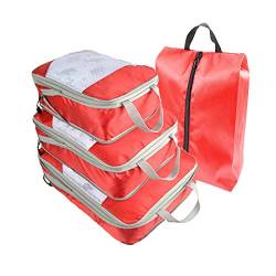 MisFox 4-teilig Packwürfel Set mit Kompression Packing Cubes Schuhbeutel Reise Tasche Kleidertaschen Kofferorganizer Wasserabweisend Gepäck Organizer für Koffer und Rucksack Rot von MisFox