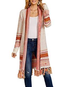 Misassy Damen-Strickjacke, Boho-Stil, vorne offen, lange Ärmel, Stickerei, Quasten, Kimono, Staubwedel, Outwear, Z-beige, X-Large von Misassy