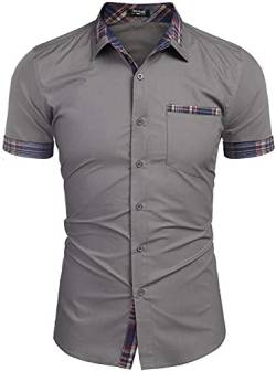 Misfuso Herren Hemd Kurzarm Slim Fit Freizeit Business Hemden Kragen Plaid spleißen Hemden für Männer Grau XL von Misfuso