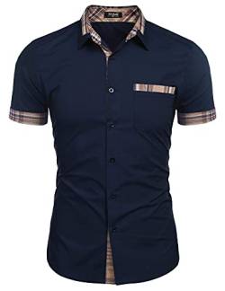 Misfuso Herren Hemd Kurzarm Slim Fit Freizeit Business Hemden Kragen Plaid spleißen Hemden für Männer Navyblau M von Misfuso
