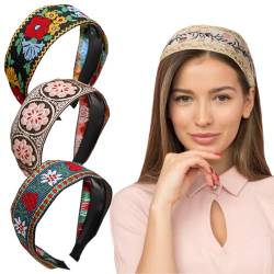 Misgirlot 3 x Blumen-besticktes Stirnband, Boho-Stirnbänder für Frauen, rutschfest, Vintage-Haarband, breites Haarband, Accessoires, Haar für Frauen und Mädchen (zufälliger Stil) von Misgirlot