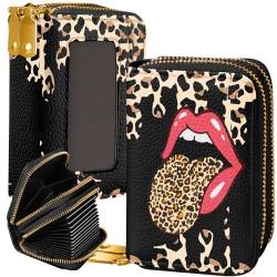 Miss Adola Kleine Geldbörse aus Leder für Damen mit RFID-blockierenden Kreditkartenetuis, Leopardenrote Lippen von Miss Adola