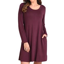 Miss Lavish London Damen Lang Ärmel Kleid - Runden Nacken Lässig Lose Fit Schwingen T-Shirt Kleid mit Taschen Burgund-M von Miss Lavish London