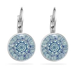 Ohrringe Blau Blaue Ohrringe Ausgefallene Ohrringe Mandala Ohrringe Ornament Ohrringe Vintage Ohrringe Edelstahl Damen Boho Ohrringe Blumen Hängend Ohrstecker Damen Cabochon Edelstahl Silber von Miss Lovie