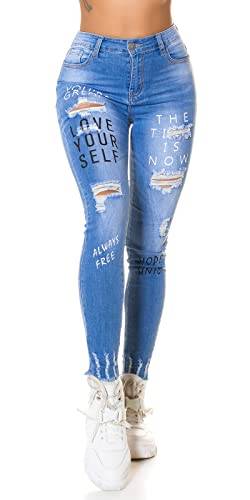 Miss RJ Jeans High Waist Damen Skinny Jeans Jeanshose Used Look mit Schriftzug Print (34, Hellblau) von Miss RJ