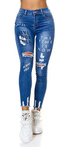 Miss RJ Jeans High Waist Damen Skinny Jeans Jeanshose Used Look mit Schriftzug Print (36, Blau) von Miss RJ
