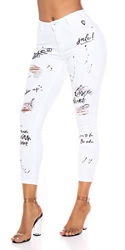 Miss RJ Jeans High Waist Damen Skinny Jeans Jeanshose Used Look mit Schriftzug Print (Weiß, 34) von Miss RJ