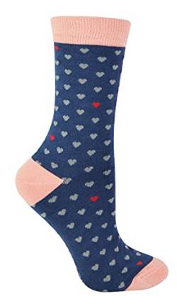 Damen-Socken aus Bambus, Miss Sparrow, lustig, gemustert, atmungsaktiv und weich, Herzen (Marineblau), One size von Miss Sparrow