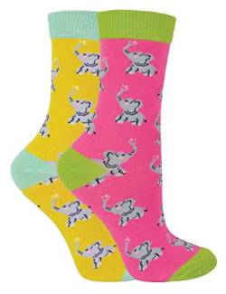 Miss Sparrow 2er Pack Mädchen Bambus Socken Neuheit Lustige Animal Socken | Atmungsaktiv Tier Muster Socken (7-9 Jahre, Elefanten) von Miss Sparrow