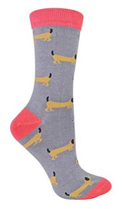 Miss Sparrow - Damen Socken mit Hundemotiv | Lustig Bambus Socken mit Bunt Dog Muster (37-40, Wursthund) von Miss Sparrow