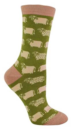 Miss Sparrow - Damen Socken mit Tieremotiv | Lustig Bambus Socken mit Bunt Animal Muster für Erwachsene (37-40, Kühe (Olive)), Einheitsgröße von Miss Sparrow
