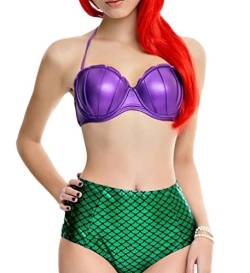 MissFox Damen Bikini Set Fisch Scales Badeanzug Meerjungfrau Fischschuppen Neckholder Bademode Violett Grün 2XL von MissFox