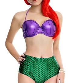 MissFox Damen Bikini Set Fisch Scales Badeanzug Meerjungfrau Fischschuppen Neckholder Bademode Violett Grün L von MissFox