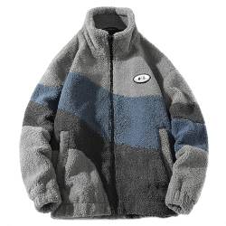 MissFox Herren Patchwork Jacke Teddy Fleece - Stehkragen Winterjacke mit Reißverschluss, Warme Sherpa Sweatjacke - Modische Oberbekleidung für den Winter von MissFox