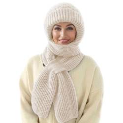 MissFox Integrierter Gehörschutz Winddichte Mütze Schal - Damen 2-in-1 Wintermütze mit Kapuzenschal, Verdickt und Warm - Stilvolles Strickmützen-Set für den Winter von MissFox