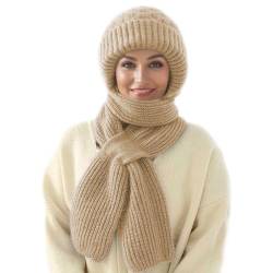 MissFox Integrierter Gehörschutz Winddichte Mütze Schal - Damen 2-in-1 Wintermütze mit Kapuzenschal, Verdickt und Warm - Stilvolles Strickmützen-Set für den Winter von MissFox