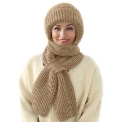 MissFox Integrierter Gehörschutz Winddichte Mütze Schal - Damen 2-in-1 Wintermütze mit Kapuzenschal, Verdickt und Warm - Stilvolles Strickmützen-Set für den Winter von MissFox