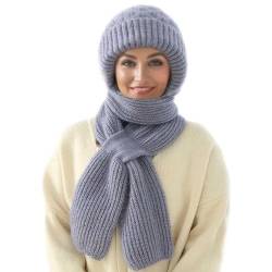 MissFox Integrierter Gehörschutz Winddichte Mütze Schal - Damen 2-in-1 Wintermütze mit Kapuzenschal, Verdickt und Warm - Stilvolles Strickmützen-Set für den Winter von MissFox