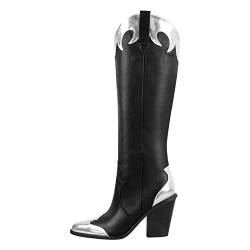 MissHeel Cowboyboots Westernstiefel mit Trichtabsatz Schlupfstiefel Blockabsatz Damenschuhe High Heels Damenschuhe Weitschaft Stiefel Silber Flamme Schwarz EU 41 von MissHeel