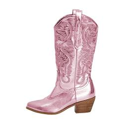 MissHeel Cowboystiefel mit Blockasbatz Retro Cowgirl Boots Glitter Glänzende Abendschuhe Chunky Heels Boot Damenstiefel Pink Rossa EU 35 von MissHeel