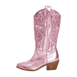 MissHeel Cowboystiefel mit Blockasbatz Retro Cowgirl Boots Glitter Glänzende Abendschuhe Chunky Heels Boot Damenstiefel Pink Rossa EU 42 von MissHeel