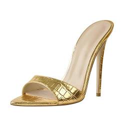 MissHeel Damen Sandaletten Slip On Sandalen mit Pfennigabsatz Stöckelschuhe Sommerschuhe Gold EU 36 von MissHeel