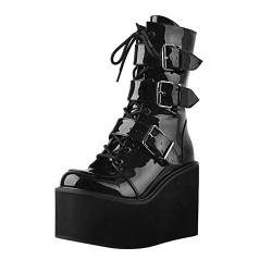 MissHeel Goth Plateau Knöchelstiefel Keilabsatz Schnallen Bequem Anti rutsche Stiefel Kurzschaft Schwarz EU 42 von MissHeel