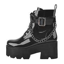 MissHeel Gothic Ankle Boots Lace Up Plattform Boots with Chunky Heels Buckles Metalchain Black EU 38 von MissHeel