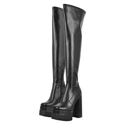 MissHeel Plateau Langschaft Stiefel Overknee Blockabsatz Stretch Boots Punk Cool Gothic Sexy High Boots EU 40 von MissHeel