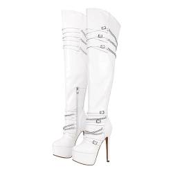 MissHeel Plateau Overknee Stiefel mit Pfennigabsatz Stilettos verzierte Metallketten High Heels Weiß EU 35 von MissHeel